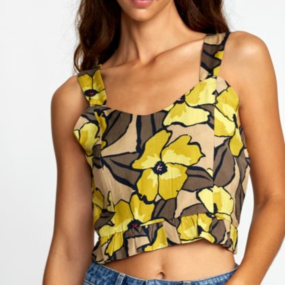 RVCA FLORAL CROPPED ADJUSTABLE STRAPS V NECK BUTTONED BACK WOMEN'S SIZE SMALL
